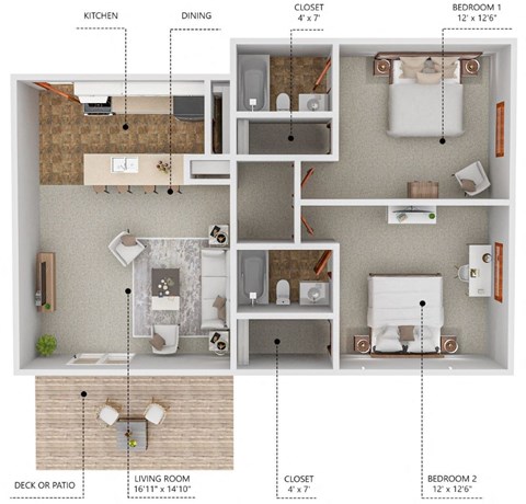 Floor plan for 2 beds, 2 baths, 972 sqft
